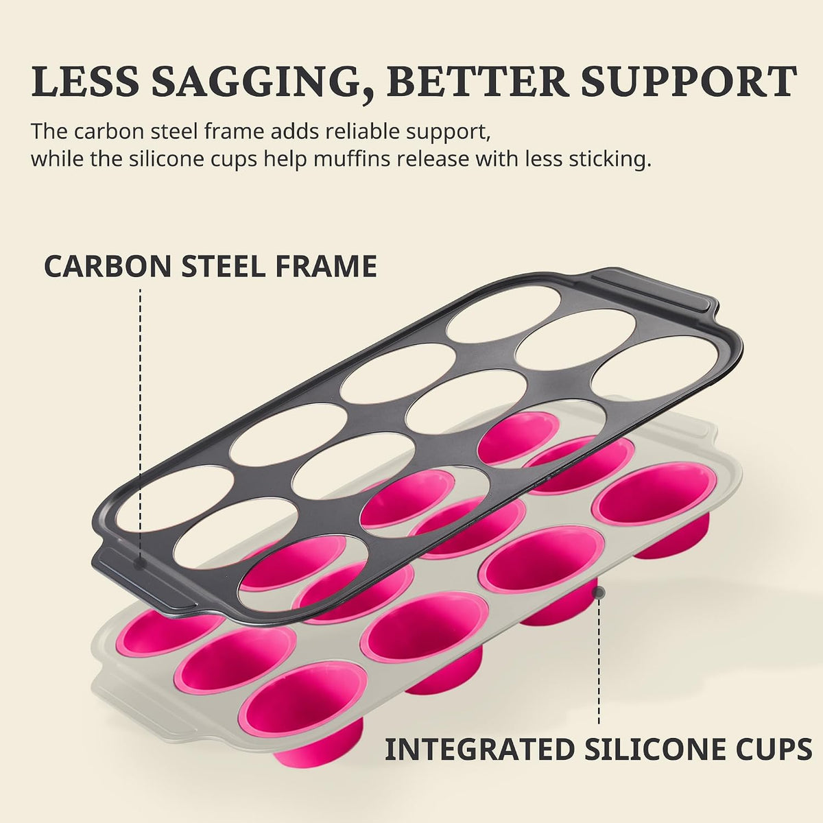 Silicone Muffin Pans for Baking with Metal Frame, Egg Bite Molds, Cupcake Pans 12 Regular Size, Muffin Tins Easy to Pop Nonstick Non Toxic Bakeware for Oven,Rose Pink