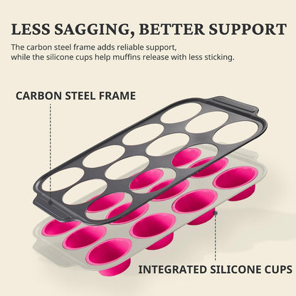 Silicone Muffin Pans for Baking with Metal Frame, Egg Bite Molds, Cupcake Pans 12 Regular Size, Muffin Tins Easy to Pop Nonstick Non Toxic Bakeware for Oven,Rose Pink
