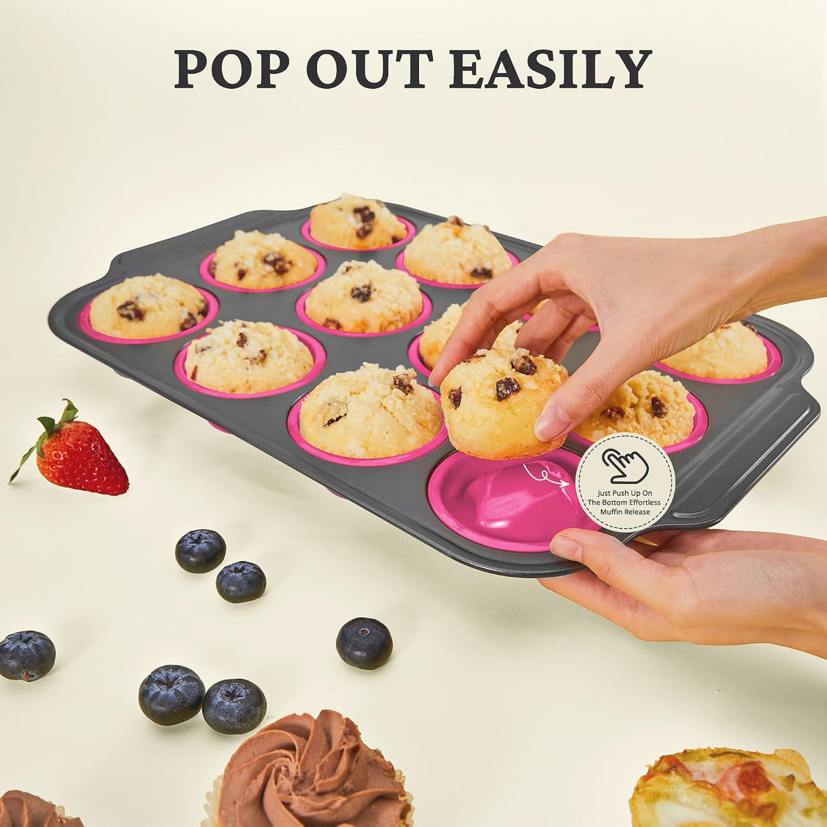 Silicone Muffin Pans for Baking with Metal Frame, Egg Bite Molds, Cupcake Pans 12 Regular Size, Muffin Tins Easy to Pop Nonstick Non Toxic Bakeware for Oven,Rose Pink