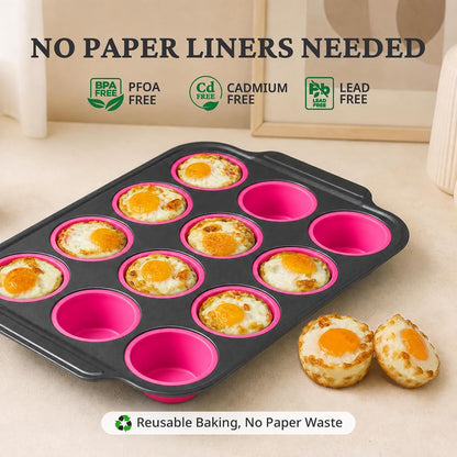 Silicone Muffin Pans for Baking with Metal Frame, Egg Bite Molds, Cupcake Pans 12 Regular Size, Muffin Tins Easy to Pop Nonstick Non Toxic Bakeware for Oven,Rose Pink
