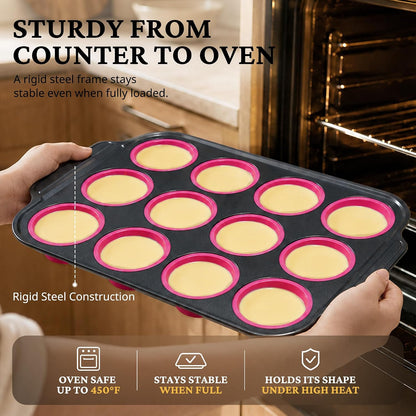 Silicone Muffin Pans for Baking with Metal Frame, Egg Bite Molds, Cupcake Pans 12 Regular Size, Muffin Tins Easy to Pop Nonstick Non Toxic Bakeware for Oven,Rose Pink