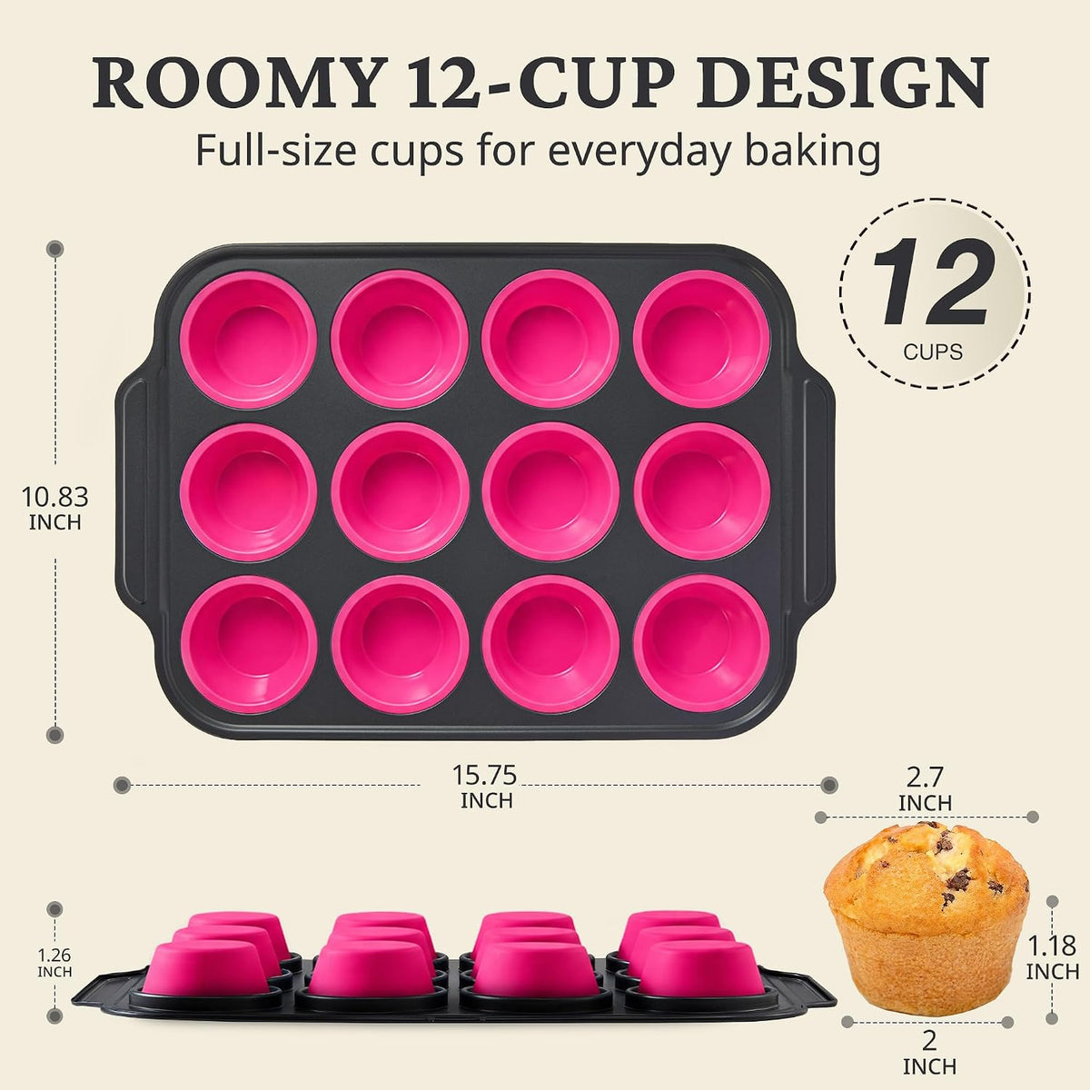 Silicone Muffin Pans for Baking with Metal Frame, Egg Bite Molds, Cupcake Pans 12 Regular Size, Muffin Tins Easy to Pop Nonstick Non Toxic Bakeware for Oven,Rose Pink