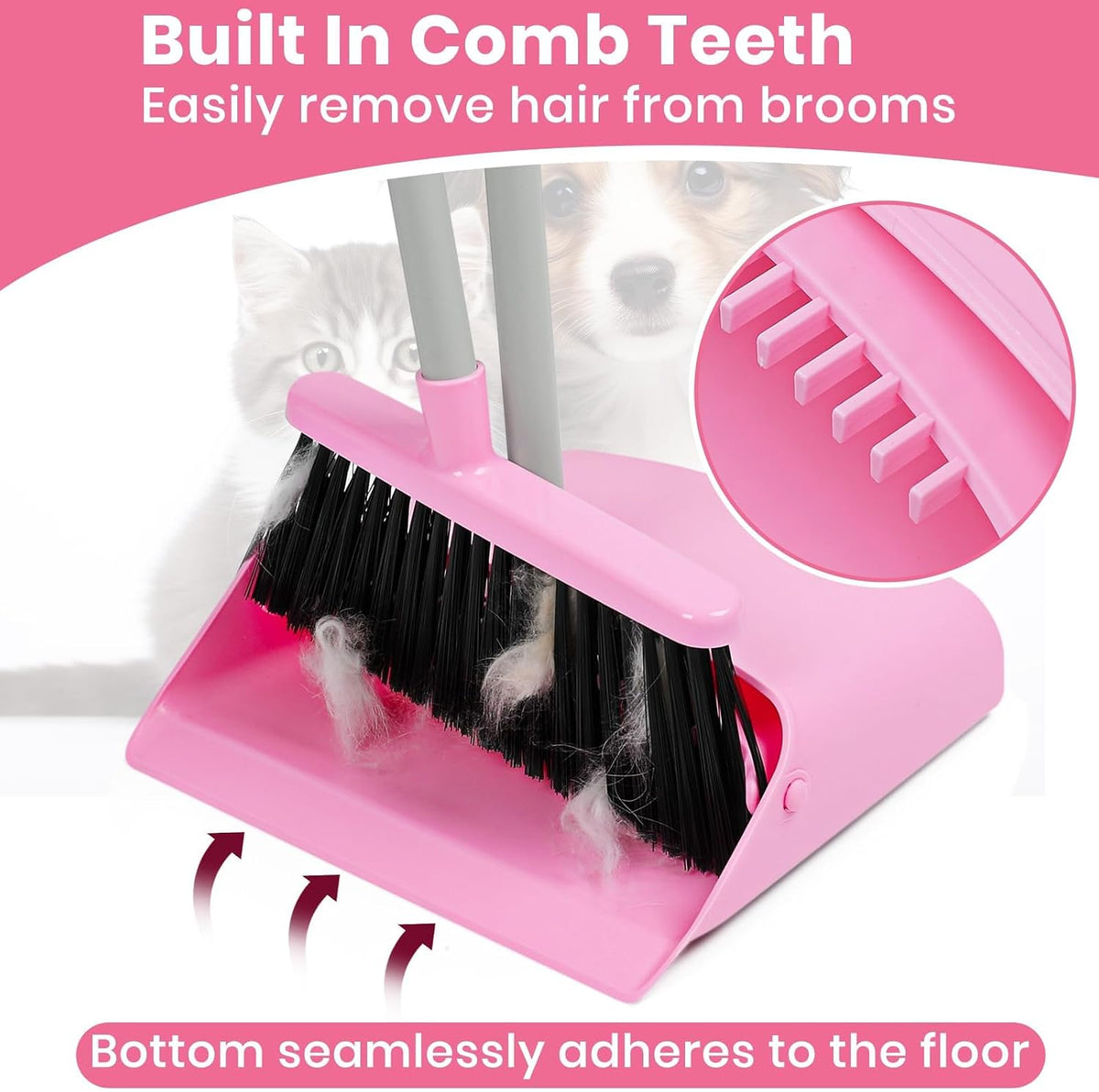 Pink Broom and Dustpan Set,58” Long Adjustable Handle Small Broom with Stand up Dustpan Combo Set with Dust Pan Teeth,for Indoor Home Office Floor Cleaning