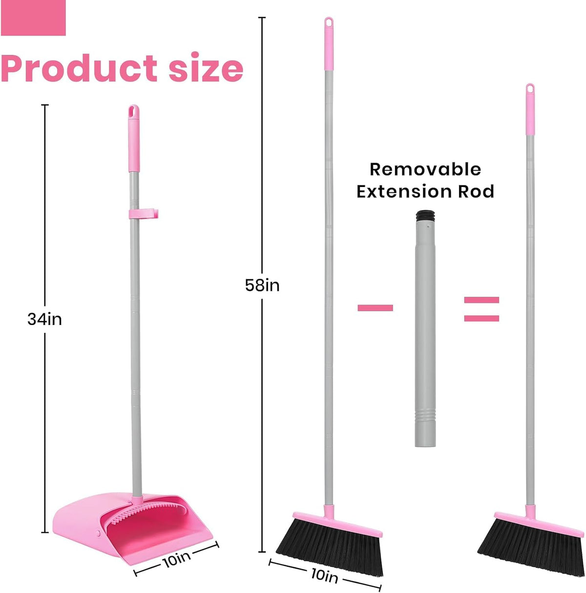 Pink Broom and Dustpan Set,58” Long Adjustable Handle Small Broom with Stand up Dustpan Combo Set with Dust Pan Teeth,for Indoor Home Office Floor Cleaning
