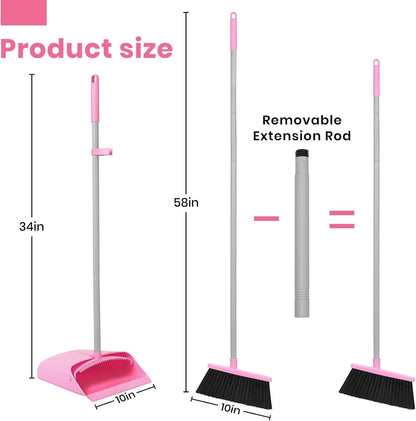 Pink Broom and Dustpan Set,58” Long Adjustable Handle Small Broom with Stand up Dustpan Combo Set with Dust Pan Teeth,for Indoor Home Office Floor Cleaning
