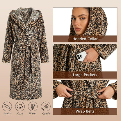 Womens Hooded Fleece Robe, Soft Bathrobe for Womens, Cute Long House Coat
