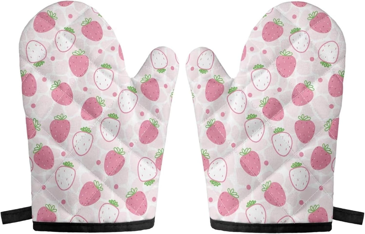 Grip Soft Heat Resistance 2 Piece Cute Pink Strawberry Oven Mitts Set for Cooking BBQ Quilted Inner Lining Skid Resistant Kitchen Oven Mittens