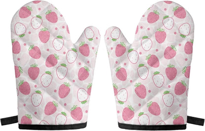 Grip Soft Heat Resistance 2 Piece Cute Pink Strawberry Oven Mitts Set for Cooking BBQ Quilted Inner Lining Skid Resistant Kitchen Oven Mittens