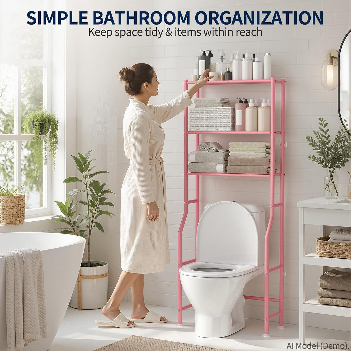 GloTika 3-Tier Over Toilet Storage, Anti-Wobble, Pink