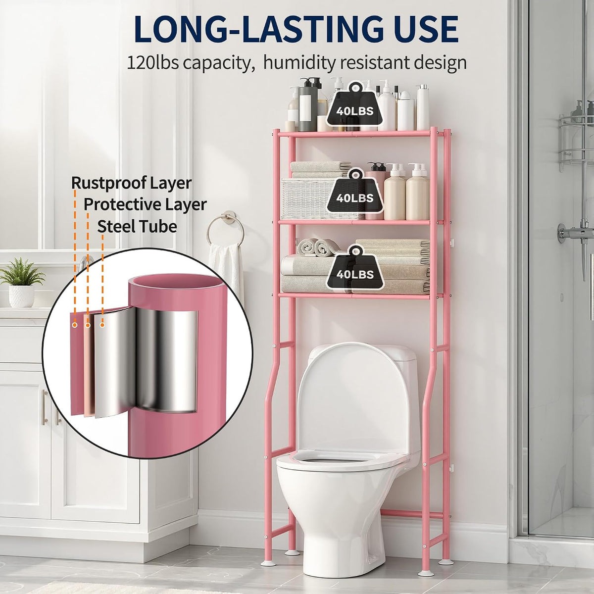 GloTika 3-Tier Over Toilet Storage, Anti-Wobble, Pink