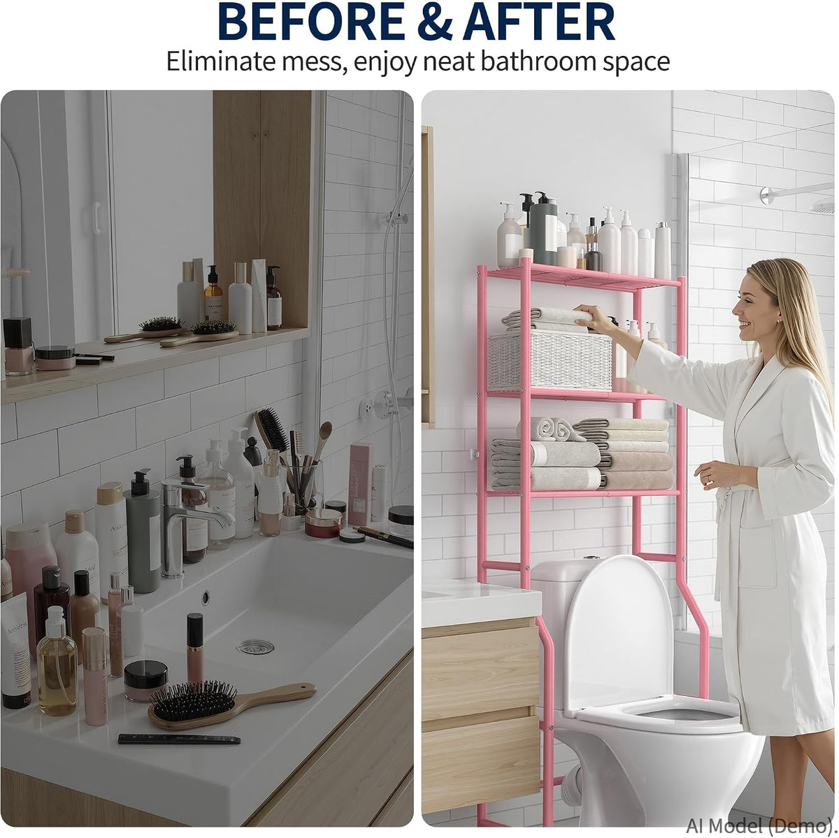 GloTika 3-Tier Over Toilet Storage, Anti-Wobble, Pink