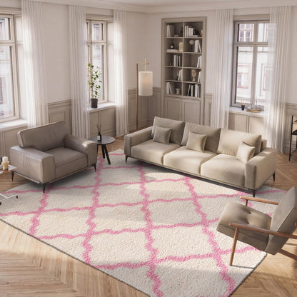 Dallas Shag Collection Area Rug - 6' x 9', Ivory & Light Pink, Trellis Design, Non-Shedding & Easy Care, 1.5-inch Thick Ideal for High Traffic Areas in Living Room, Bedroom (SGD257P)