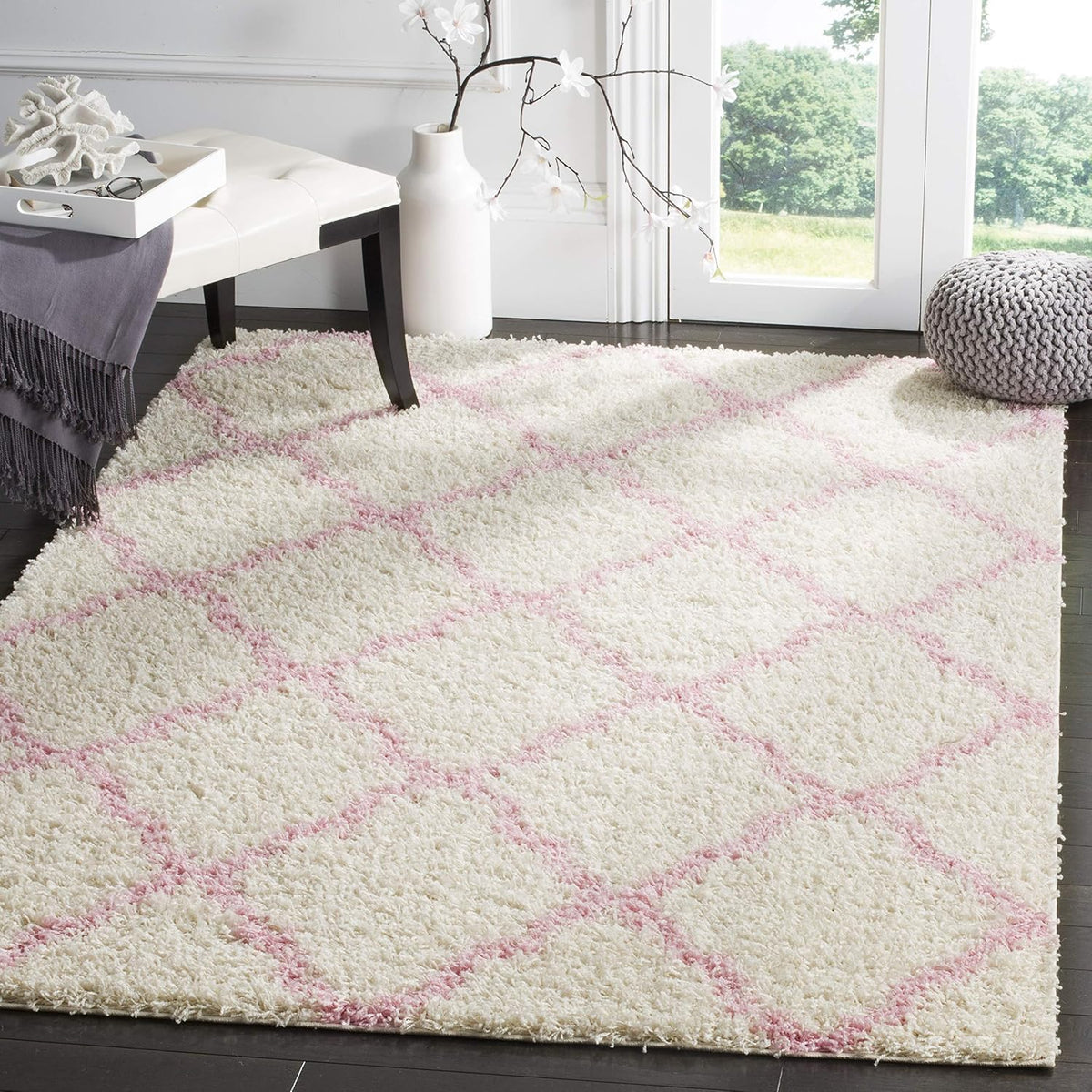 Dallas Shag Collection Area Rug - 6' x 9', Ivory & Light Pink, Trellis Design, Non-Shedding & Easy Care, 1.5-inch Thick Ideal for High Traffic Areas in Living Room, Bedroom (SGD257P)
