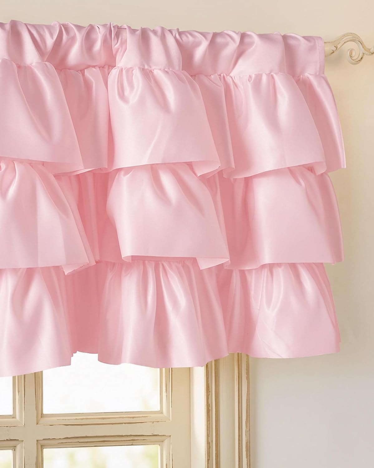 Pink Valance Farmhouse Window Curtains 18 Inches Long for Kitchen & Bathroom, Pink Satin Texture Ruffled Three-Tiered Valance for Bedroom, Luxury Light Filtering, 52 W