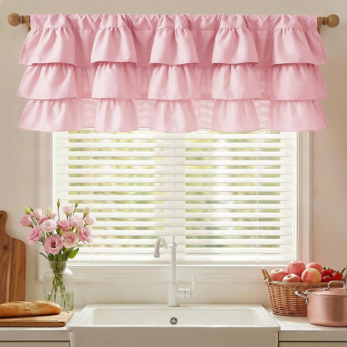 Pink Valance Farmhouse Window Curtains 18 Inches Long for Kitchen & Bathroom, Pink Satin Texture Ruffled Three-Tiered Valance for Bedroom, Luxury Light Filtering, 52 W