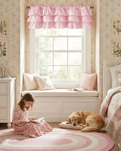 Pink Valance Farmhouse Window Curtains 18 Inches Long for Kitchen & Bathroom, Pink Satin Texture Ruffled Three-Tiered Valance for Bedroom, Luxury Light Filtering, 52 W