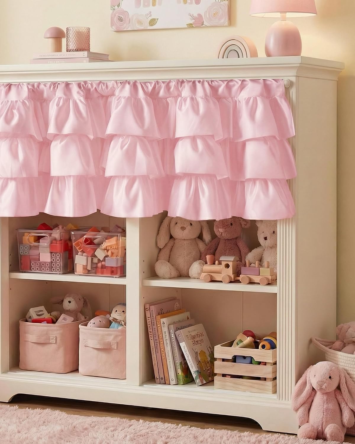 Pink Valance Farmhouse Window Curtains 18 Inches Long for Kitchen & Bathroom, Pink Satin Texture Ruffled Three-Tiered Valance for Bedroom, Luxury Light Filtering, 52 W