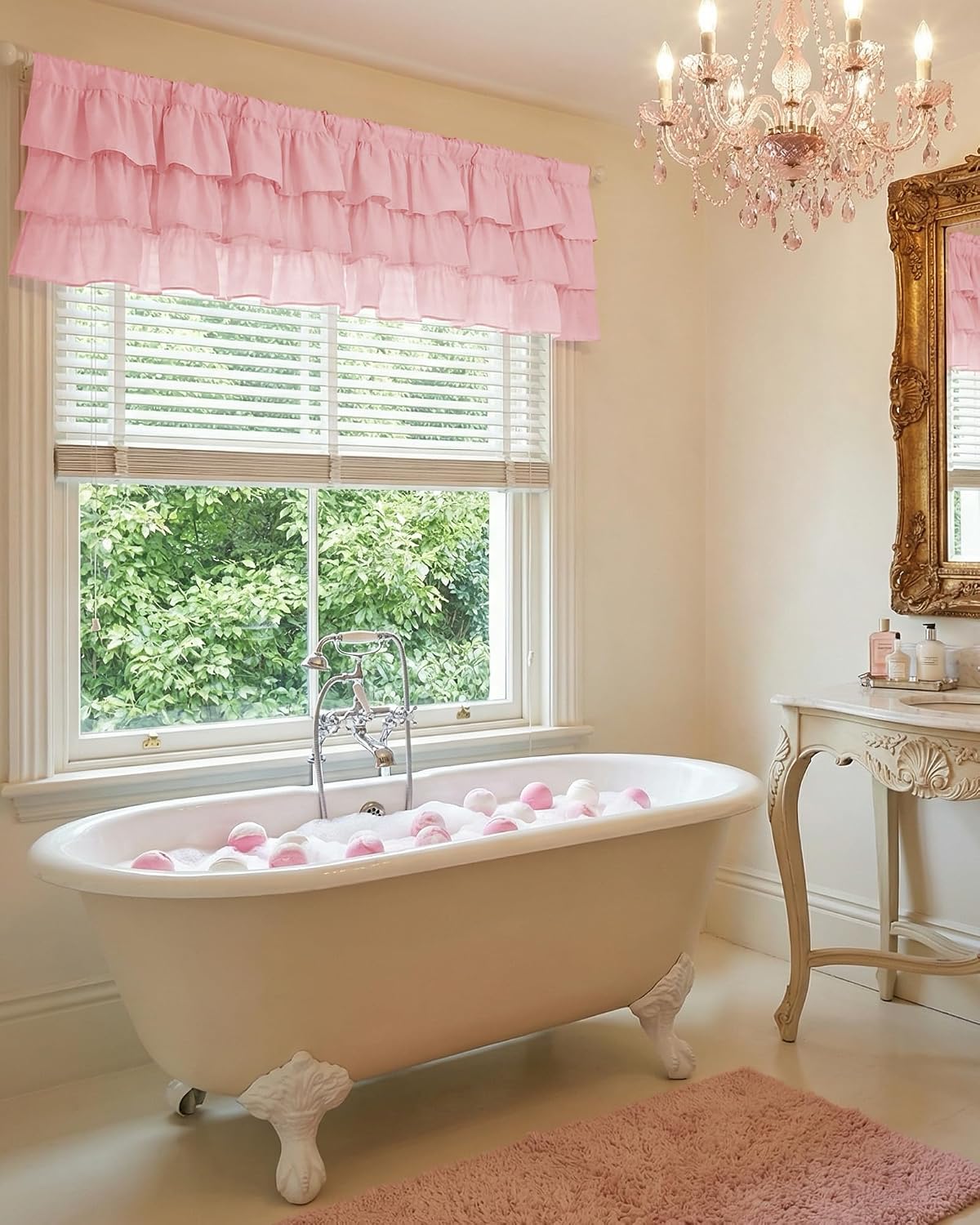 Pink Valance Farmhouse Window Curtains 18 Inches Long for Kitchen & Bathroom, Pink Satin Texture Ruffled Three-Tiered Valance for Bedroom, Luxury Light Filtering, 52 W