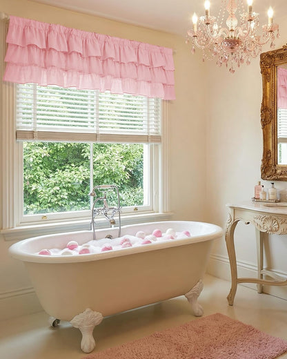 Pink Valance Farmhouse Window Curtains 18 Inches Long for Kitchen & Bathroom, Pink Satin Texture Ruffled Three-Tiered Valance for Bedroom, Luxury Light Filtering, 52 W