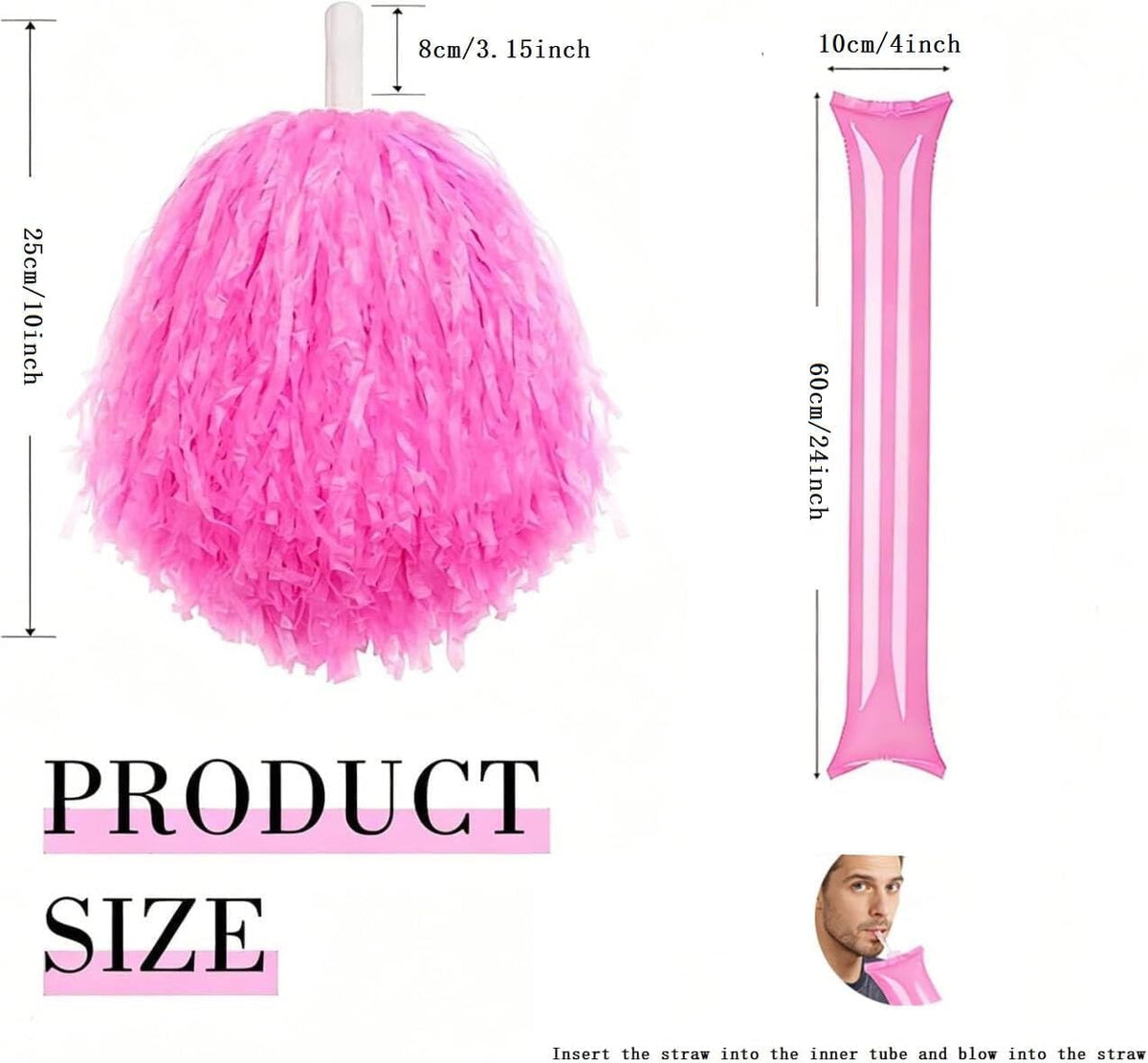 4 Pcs 10 Inch Pink Pom Poms and Thunder Sticks