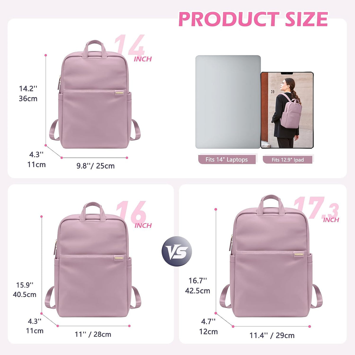 Slim Laptop Backpack for Women, Lightweight Business Backpack for Women Computer Bag Purse for Commuting, Fit 14Inch, Pink Purple