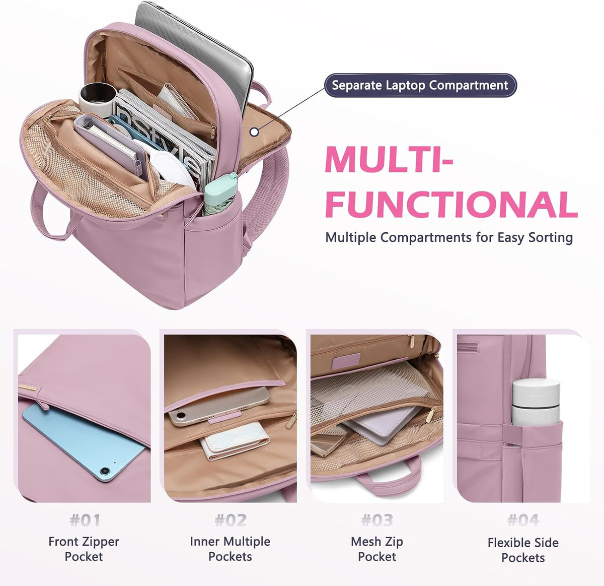 Slim Laptop Backpack for Women, Lightweight Business Backpack for Women Computer Bag Purse for Commuting, Fit 14Inch, Pink Purple