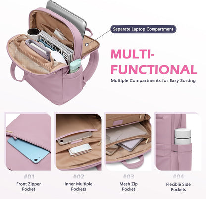 Slim Laptop Backpack for Women, Lightweight Business Backpack for Women Computer Bag Purse for Commuting, Fit 14Inch, Pink Purple
