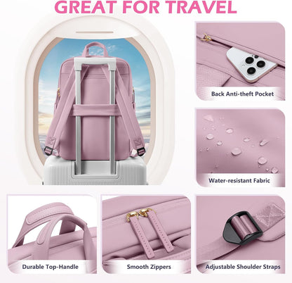 Slim Laptop Backpack for Women, Lightweight Business Backpack for Women Computer Bag Purse for Commuting, Fit 14Inch, Pink Purple
