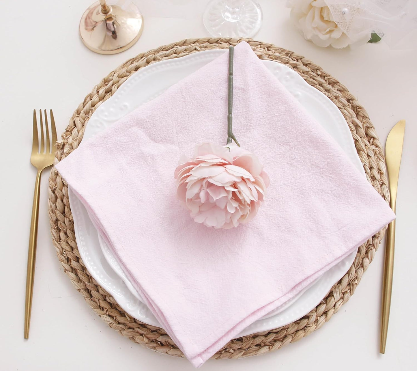 Dinner Cloth Napkins Bulk,100% Soft Cotton Linen Napkins,Washable Napkins with Hemmed Edges for Wedding Decoration Easter Spring Bridal Shower,16”*16”,(Set of 12, Pale Pink)