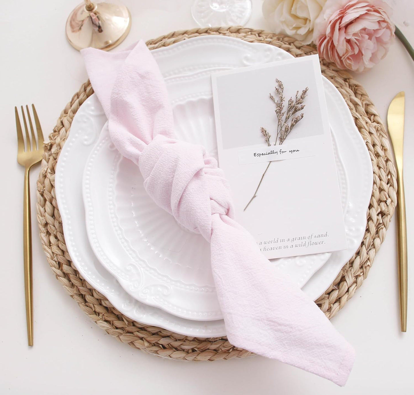 Dinner Cloth Napkins Bulk,100% Soft Cotton Linen Napkins,Washable Napkins with Hemmed Edges for Wedding Decoration Easter Spring Bridal Shower,16”*16”,(Set of 12, Pale Pink)