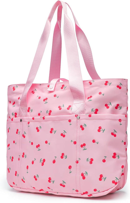Foldable Floral Tote Bag for Women Nylon Travel Handbag with Zipper Cherry Print Purse Daily Commuter Bag for Work (Foldable cherry pink)