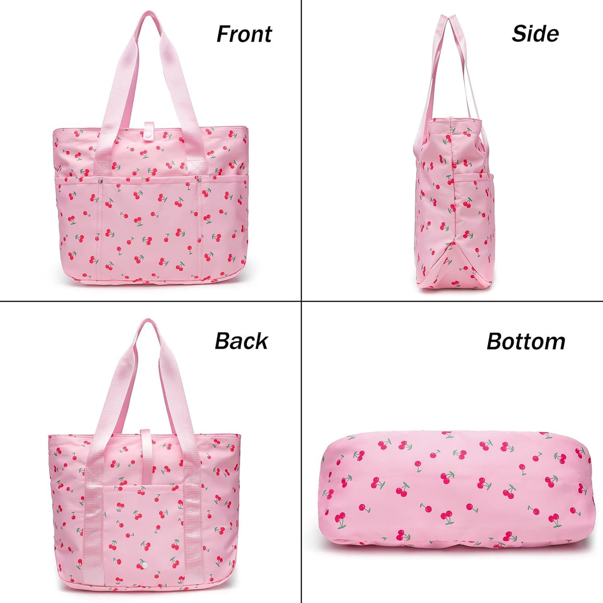 Foldable Floral Tote Bag for Women Nylon Travel Handbag with Zipper Cherry Print Purse Daily Commuter Bag for Work (Foldable cherry pink)