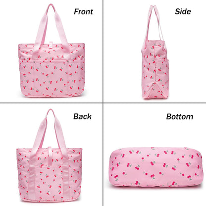 Foldable Floral Tote Bag for Women Nylon Travel Handbag with Zipper Cherry Print Purse Daily Commuter Bag for Work (Foldable cherry pink)