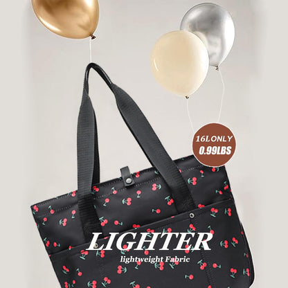 Foldable Floral Tote Bag for Women Nylon Travel Handbag with Zipper Cherry Print Purse Daily Commuter Bag for Work (Foldable cherry pink)