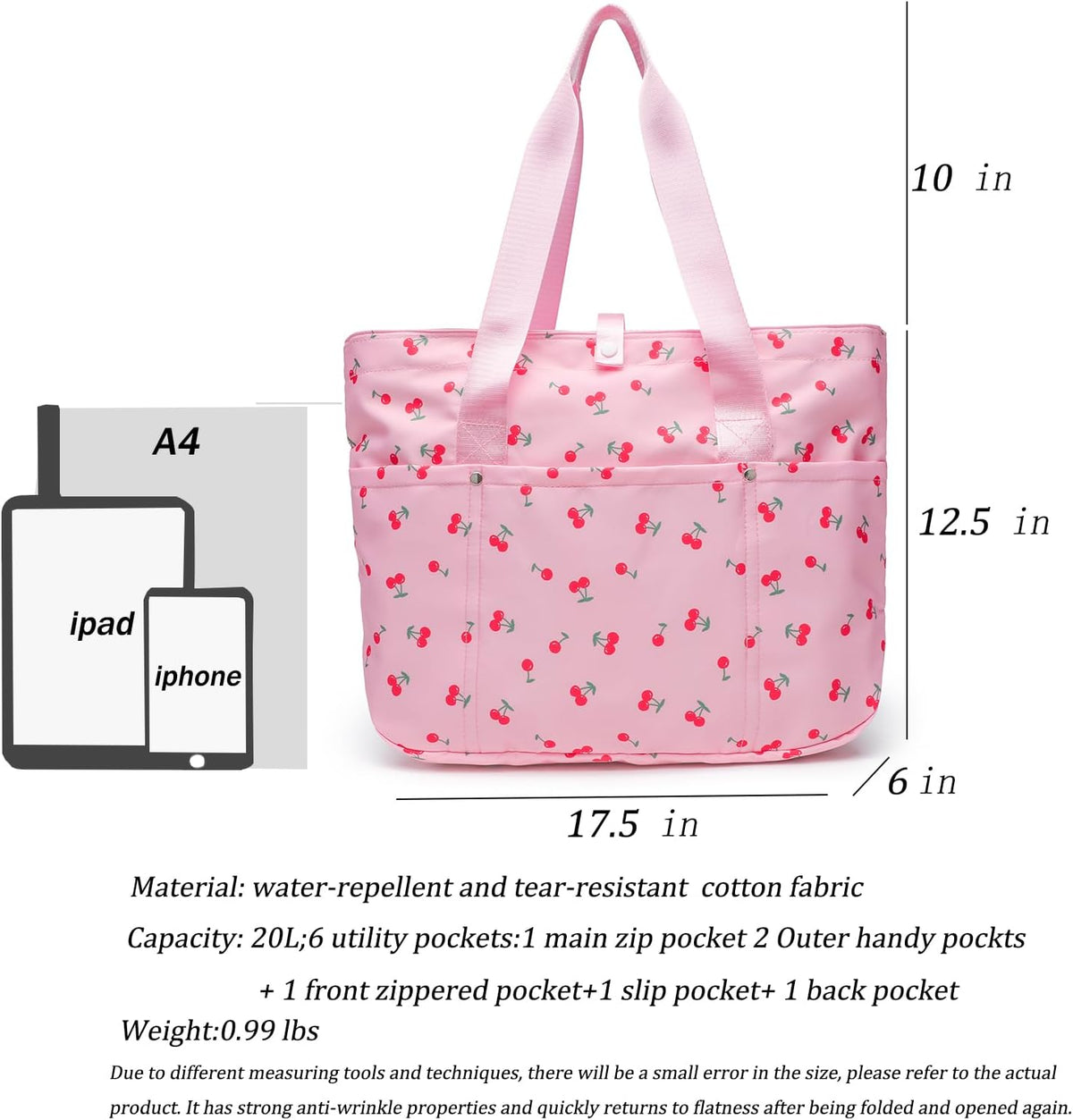 Foldable Floral Tote Bag for Women Nylon Travel Handbag with Zipper Cherry Print Purse Daily Commuter Bag for Work (Foldable cherry pink)