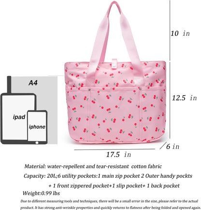 Foldable Floral Tote Bag for Women Nylon Travel Handbag with Zipper Cherry Print Purse Daily Commuter Bag for Work (Foldable cherry pink)
