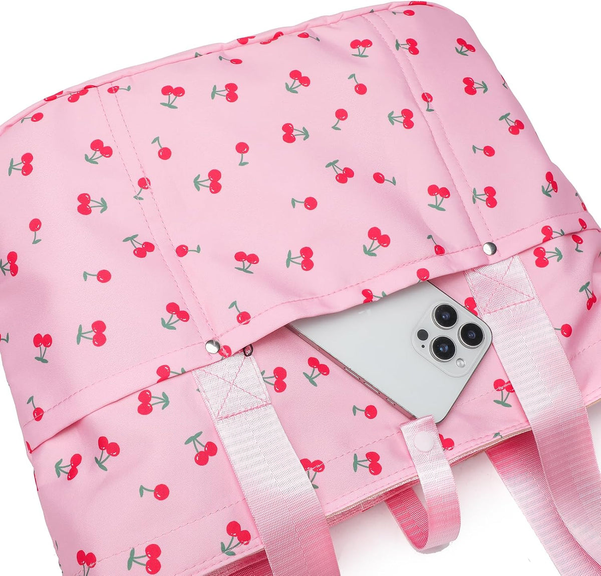 Foldable Floral Tote Bag for Women Nylon Travel Handbag with Zipper Cherry Print Purse Daily Commuter Bag for Work (Foldable cherry pink)