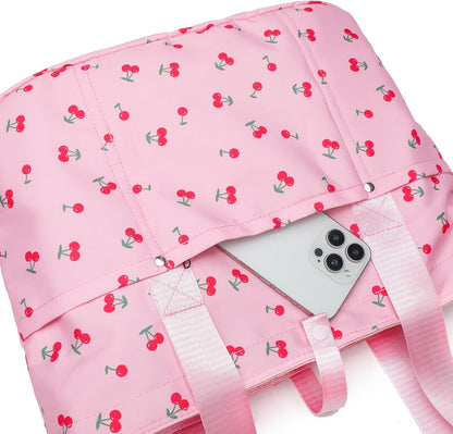 Foldable Floral Tote Bag for Women Nylon Travel Handbag with Zipper Cherry Print Purse Daily Commuter Bag for Work (Foldable cherry pink)