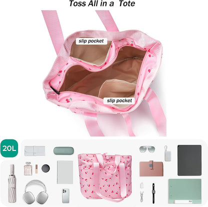 Foldable Floral Tote Bag for Women Nylon Travel Handbag with Zipper Cherry Print Purse Daily Commuter Bag for Work (Foldable cherry pink)