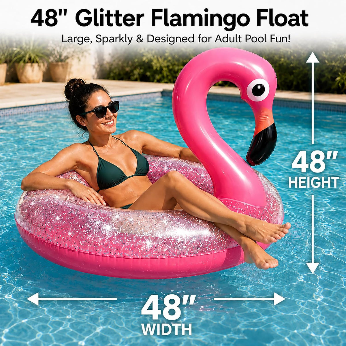48" Inflatable Glitter Pink Flamingo Pool Float, Swim Party Toys, Fun Beach Floaties, Summer Pool Lounger for Adults & Kids, Pool Party Favor 1 Pack