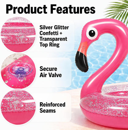 48" Inflatable Glitter Pink Flamingo Pool Float, Swim Party Toys, Fun Beach Floaties, Summer Pool Lounger for Adults & Kids, Pool Party Favor 1 Pack