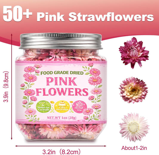 50+ Edible Dried Flowers for Cake Decorations - Food Grade Dried Pink Strawflower Blooms for Cocktail Garnish & Cupcakes, Drink Toppers, DIY Crafts