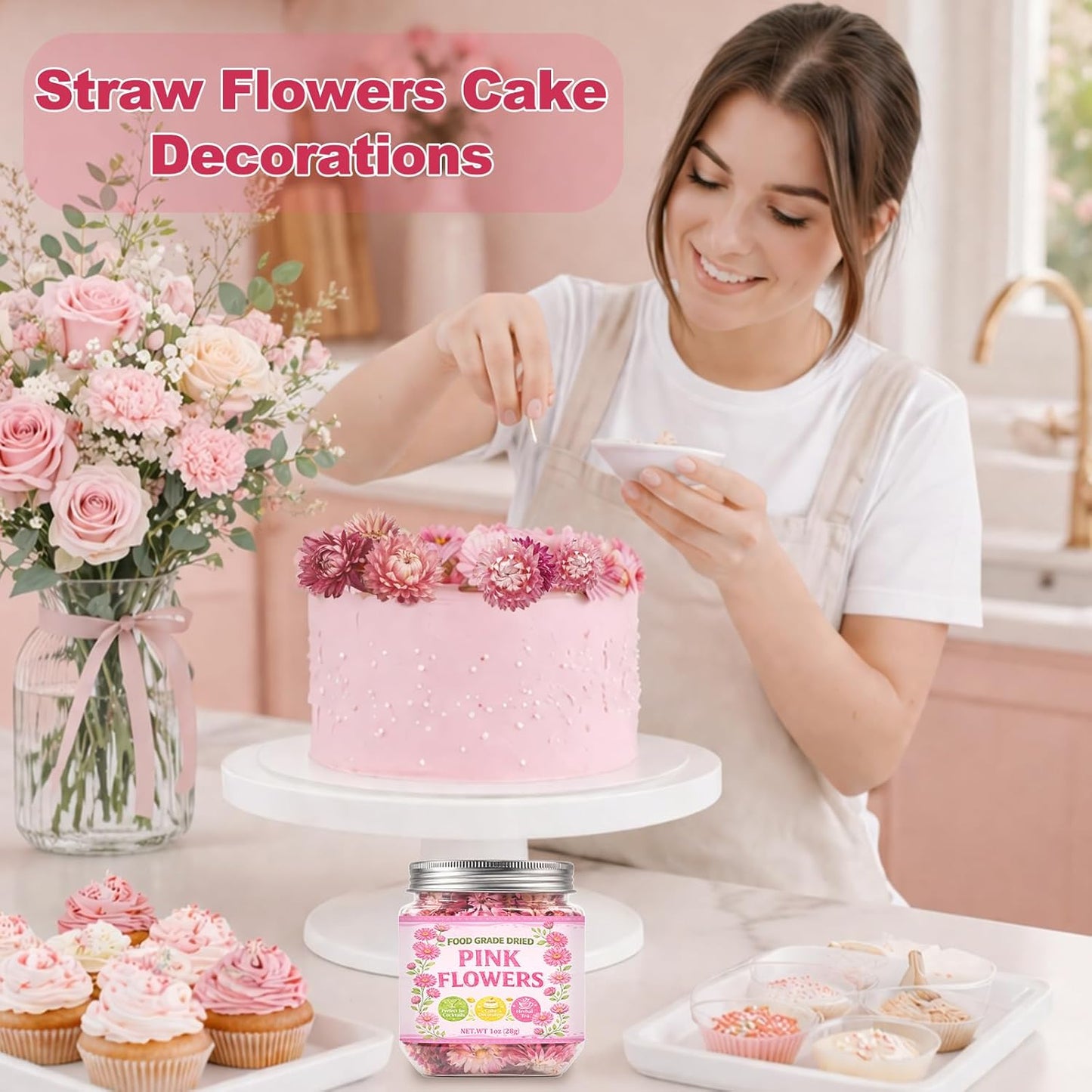 50+ Edible Dried Flowers for Cake Decorations - Food Grade Dried Pink Strawflower Blooms for Cocktail Garnish & Cupcakes, Drink Toppers, DIY Crafts