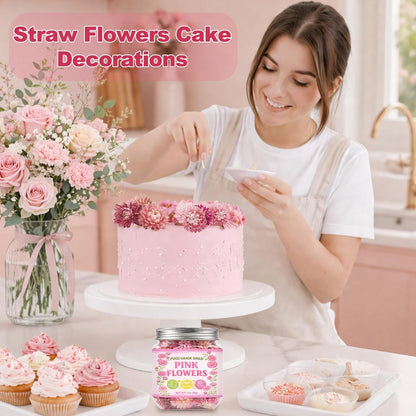 50+ Edible Dried Flowers for Cake Decorations - Food Grade Dried Pink Strawflower Blooms for Cocktail Garnish & Cupcakes, Drink Toppers, DIY Crafts
