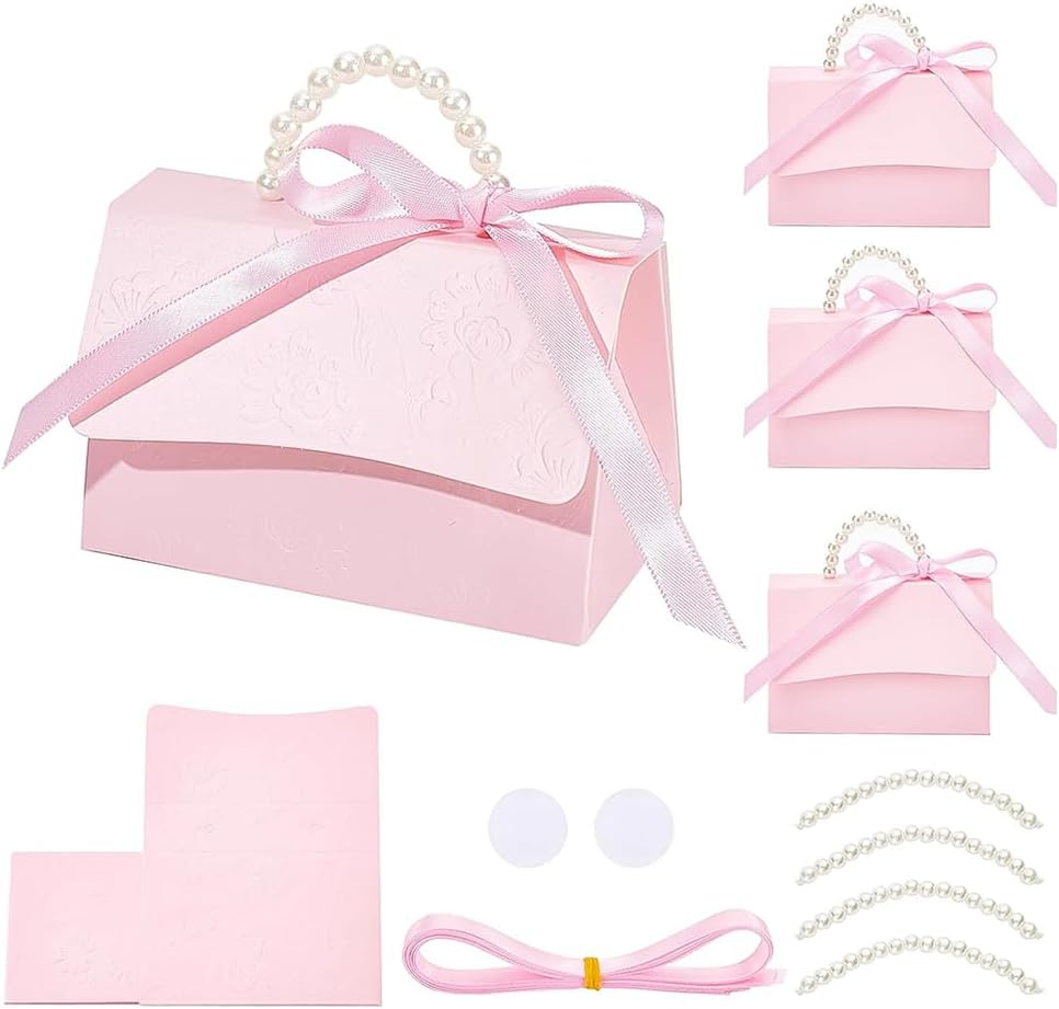 16Set Wedding Favors Box DIY Set, Pink Kraft Paper Box with Pearl Handle, Ribbons, Stickers, Gift Boxes for Birthday, Party Favor, Boutique, Wedding and Anniversary