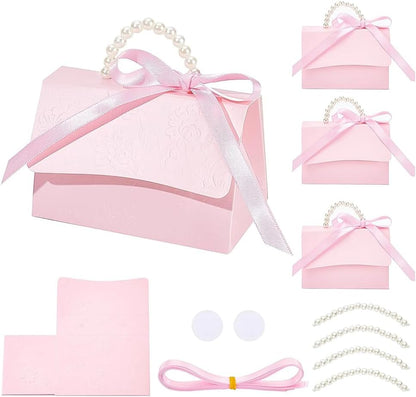 16Set Wedding Favors Box DIY Set, Pink Kraft Paper Box with Pearl Handle, Ribbons, Stickers, Gift Boxes for Birthday, Party Favor, Boutique, Wedding and Anniversary