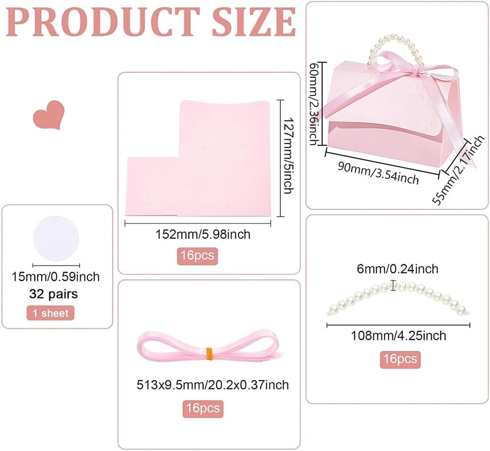 16Set Wedding Favors Box DIY Set, Pink Kraft Paper Box with Pearl Handle, Ribbons, Stickers, Gift Boxes for Birthday, Party Favor, Boutique, Wedding and Anniversary