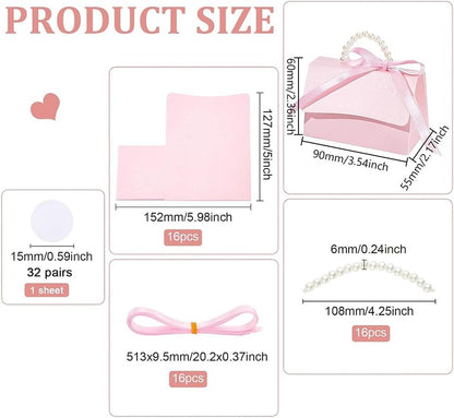 16Set Wedding Favors Box DIY Set, Pink Kraft Paper Box with Pearl Handle, Ribbons, Stickers, Gift Boxes for Birthday, Party Favor, Boutique, Wedding and Anniversary