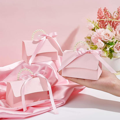 16Set Wedding Favors Box DIY Set, Pink Kraft Paper Box with Pearl Handle, Ribbons, Stickers, Gift Boxes for Birthday, Party Favor, Boutique, Wedding and Anniversary
