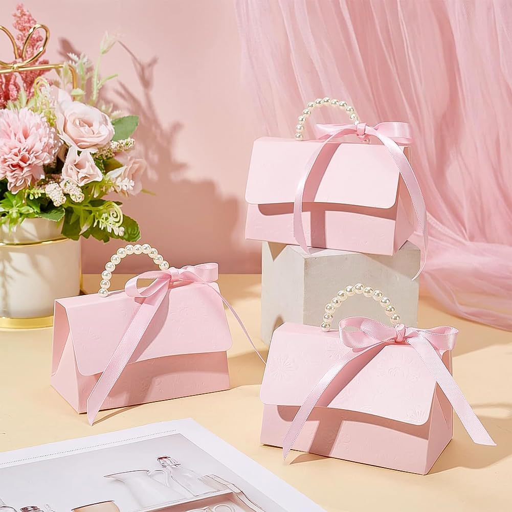 16Set Wedding Favors Box DIY Set, Pink Kraft Paper Box with Pearl Handle, Ribbons, Stickers, Gift Boxes for Birthday, Party Favor, Boutique, Wedding and Anniversary